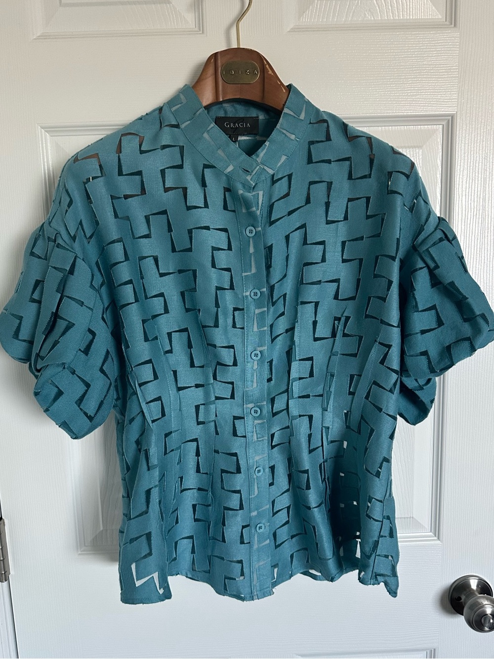 Gracia Teal blue Geometric Short-Sleeve Button-Up Shirt Large - Picture 10 of 10